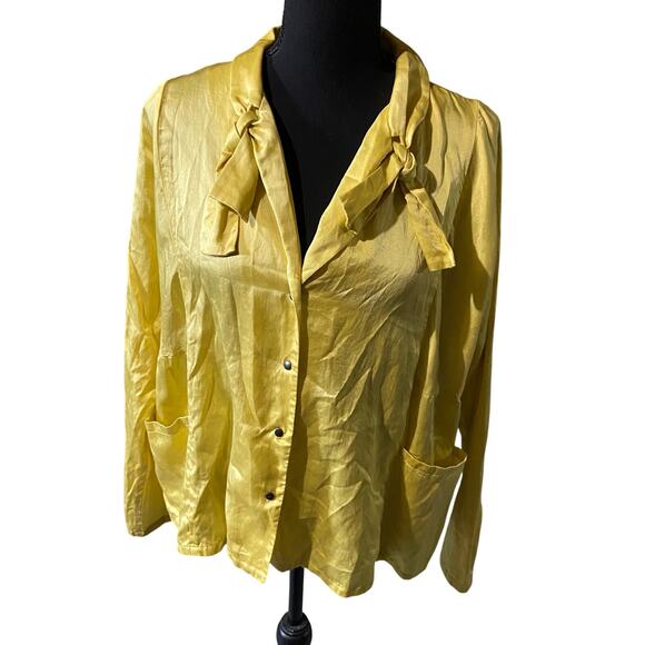 Babette Tops - Babette Vintage Yellow Longsleeve Blouse Top with Tie Front Collar, Sz M